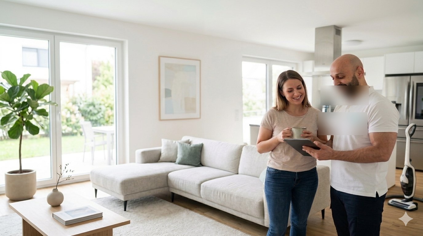 Polsterbiorein-Techniker bei der Kundenberatung im Wohnzimmer