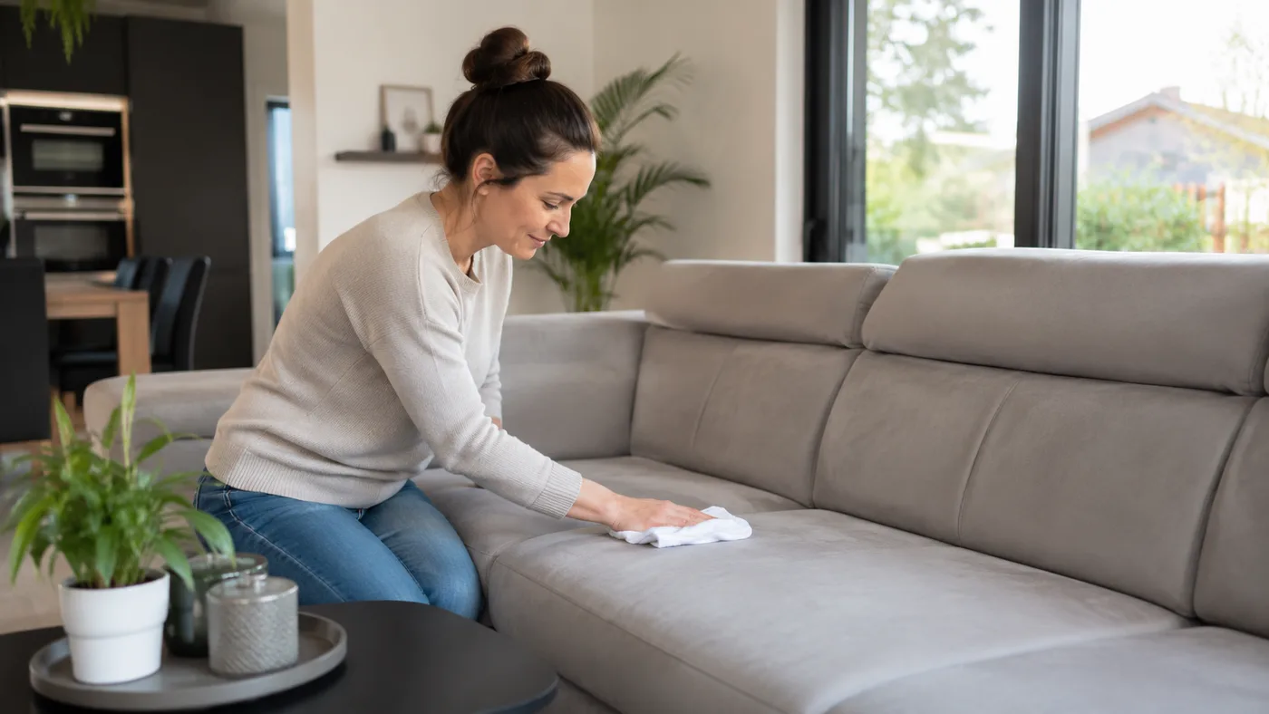 Frau wischt mit weißem Tuch über die Sitzfläche eines hellgrauen Alcantara-Sofas in einem hellen Wohnzimmer