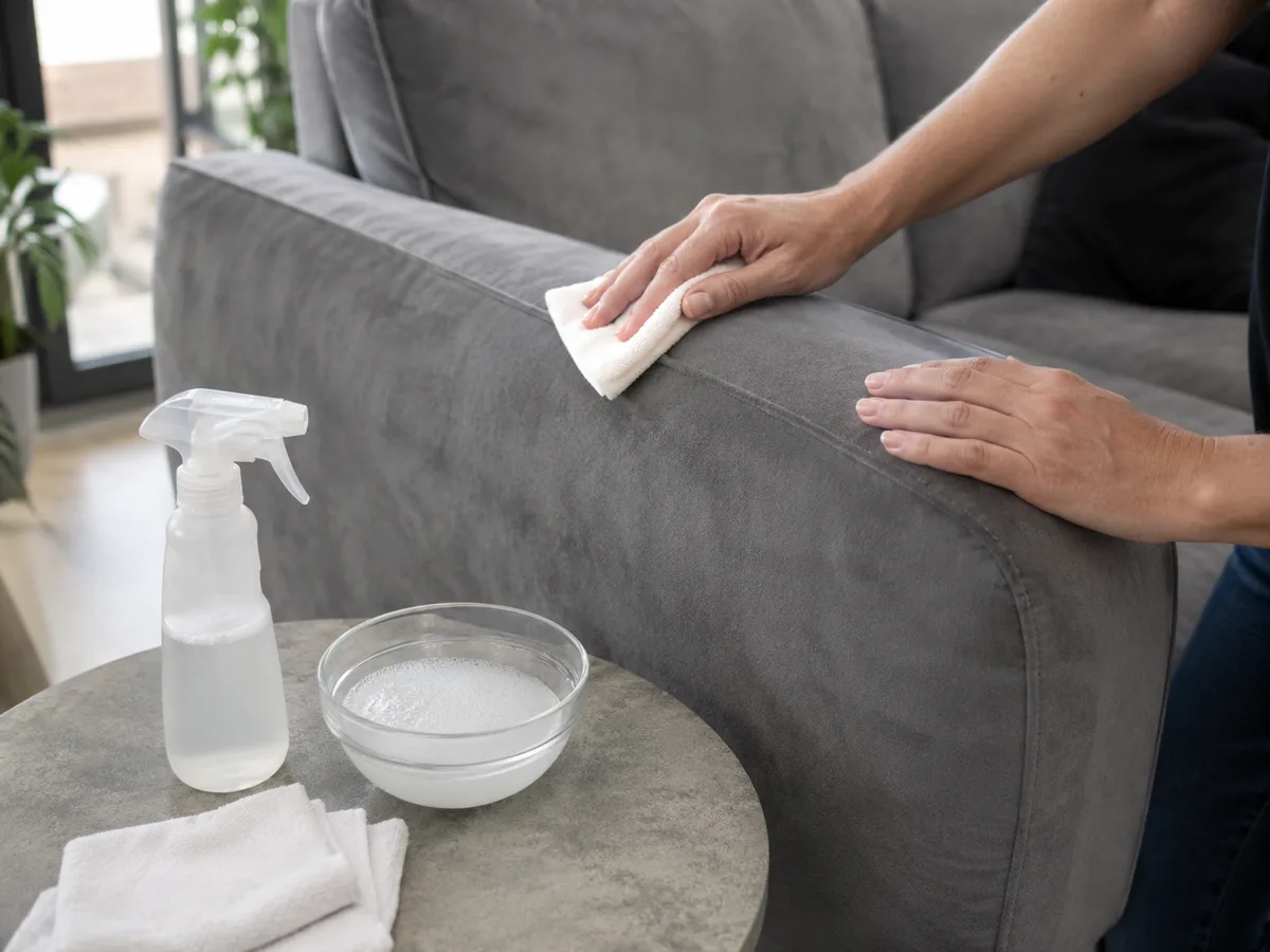 Auf einem grauen Tisch vor einem Alcantara-Sofa: Sprühflasche mit klarer Lösung, Schale mit Wasser, gefaltete weiße Tücher