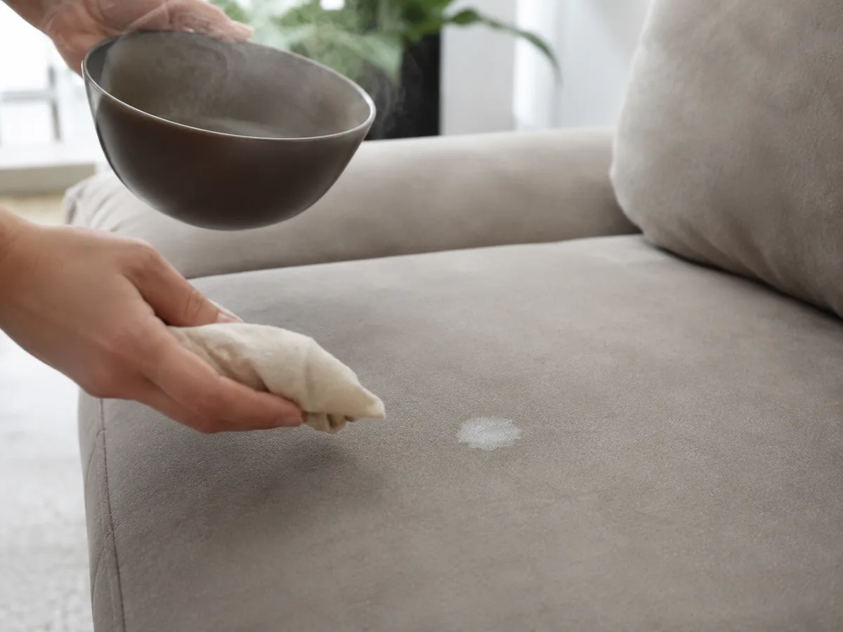 Hand tupft mit weißem Tuch über einen kleinen Fleck auf hellem Alcantara-Sofa, Schale mit Reinigungslösung daneben