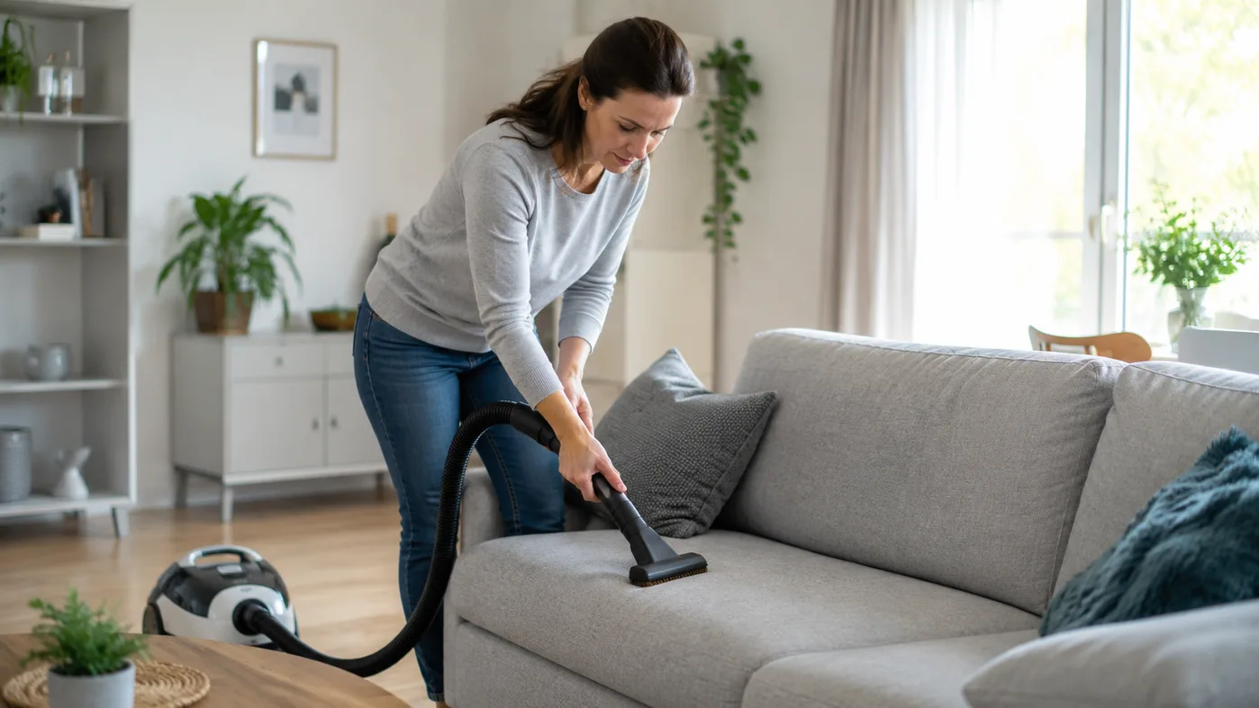 Allergikerfreundliches Wohnzimmer mit hellem Stoffsofa — Frau atmet entspannt aus, gute Belüftung durch geöffnetes Fenster im Hintergrund