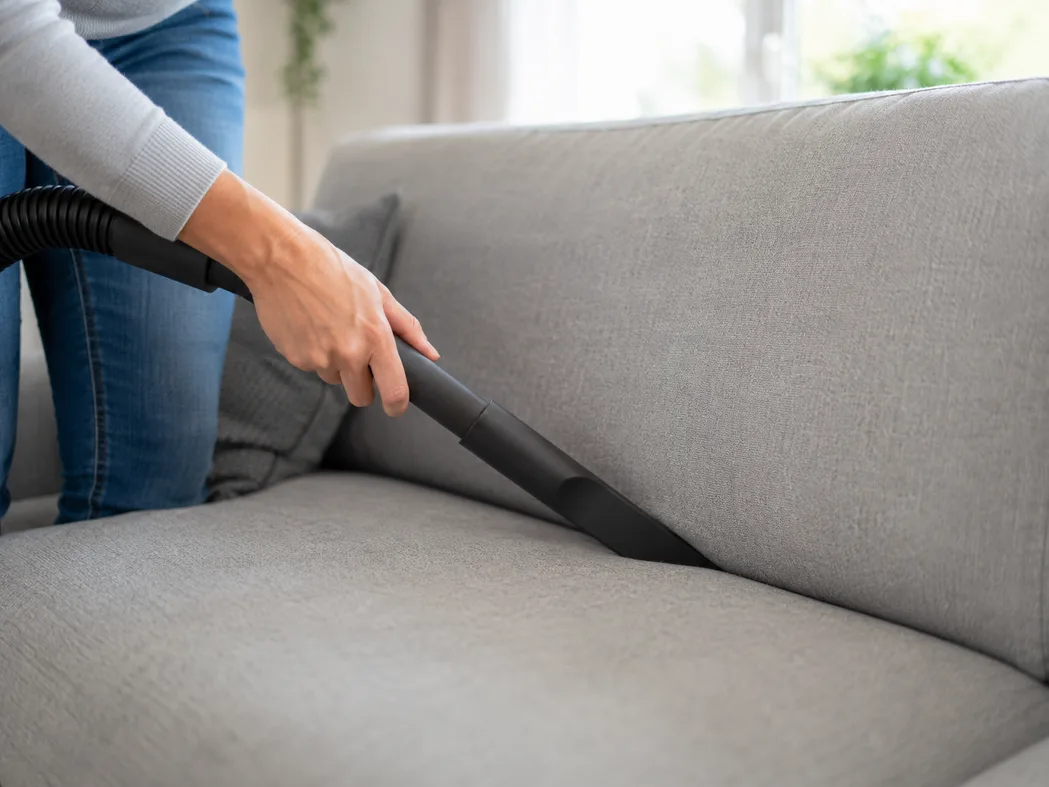 Allergene im Polster — schematische Darstellung der häufigsten Quellen: Hausstaubmilben, Tierhaarschuppen, Pollen und Schimmelsporen im Sofa