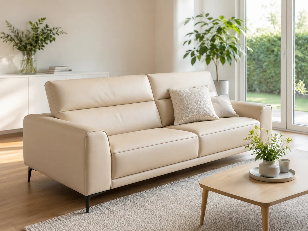 Material-Vergleich für Allergiker — glattes Ledersofa neben einem langflorigen Velours-Sofa, gleiche Lichtsituation, sichtbarer Unterschied in der Oberflächenstruktur