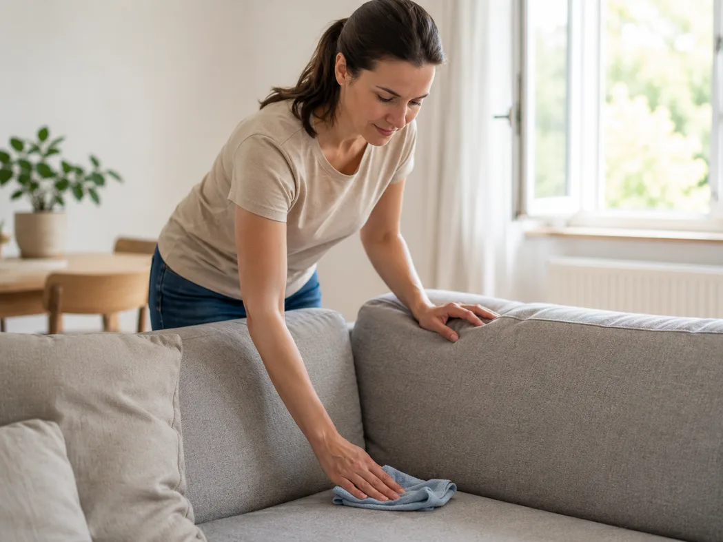 Alltagstipps für Allergiker-Haushalte — Decken auf dem Sofa, frische Luft durch geöffnetes Fenster, sauberer HEPA-Sauger im Hintergrund