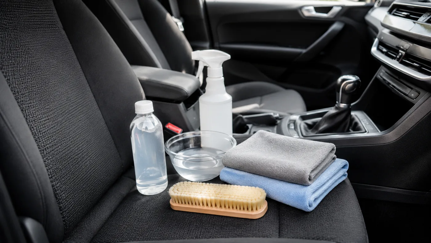 Werkzeug für die Autositz-Reinigung: Wasser, Spray, Bürste und Mikrofasertücher auf einem Stoff-Autositz