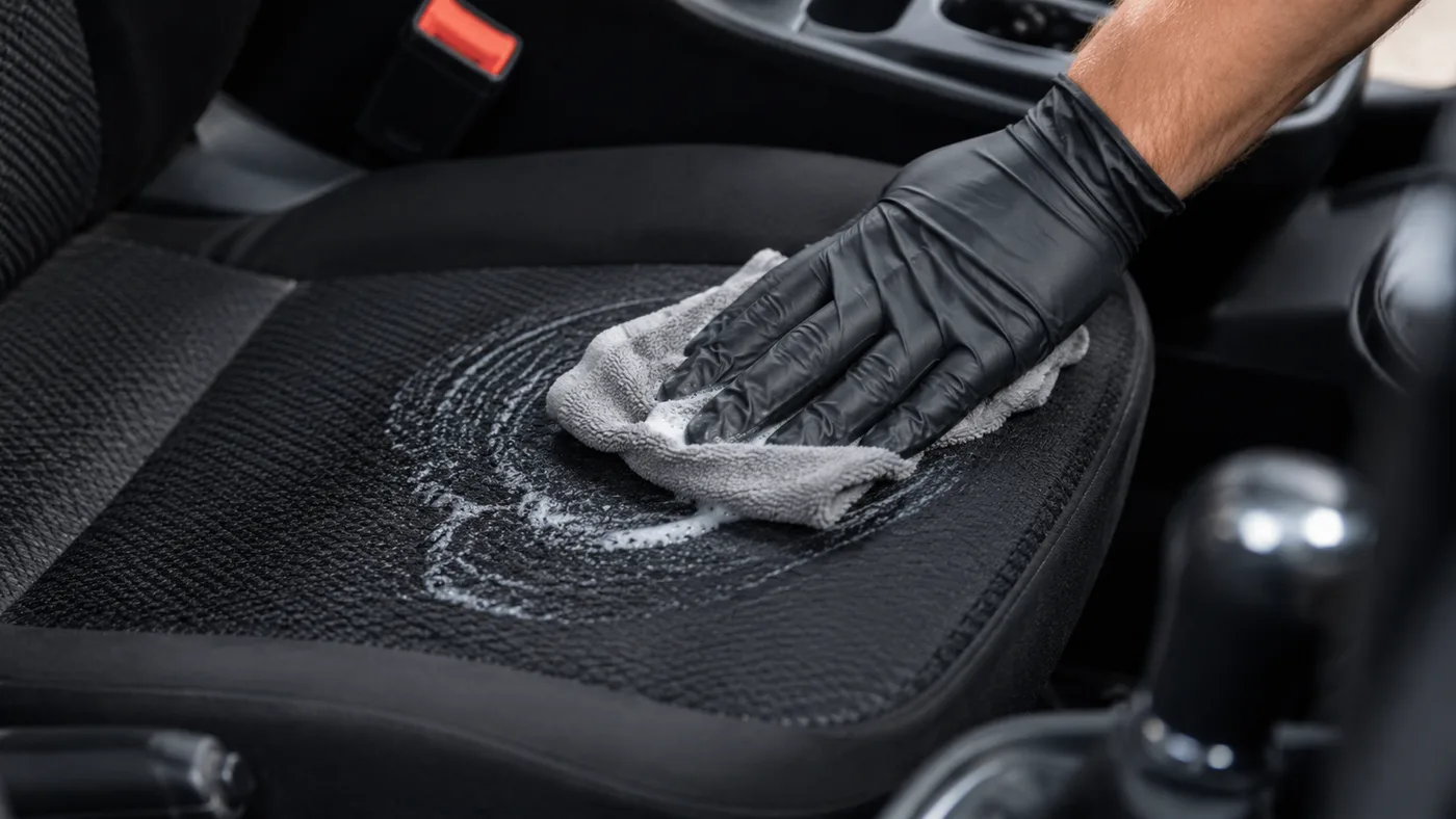 Hand mit Handschuh tupft mit feuchtem Tuch auf einem dunklen Stoff-Autositz