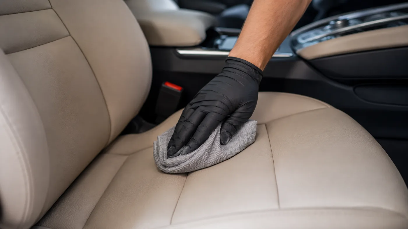 Hand mit schwarzem Handschuh wischt einen beigen Ledersitz mit einem Mikrofasertuch