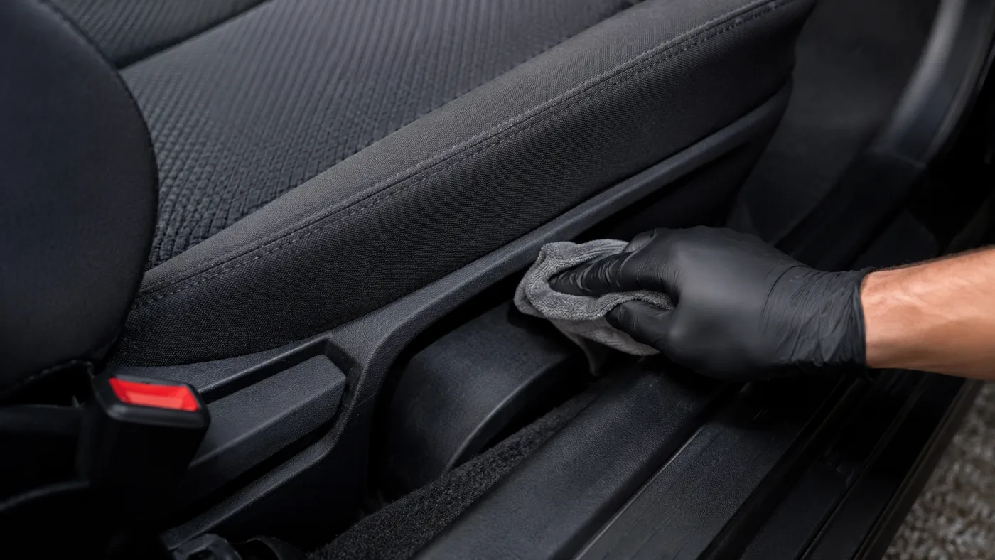 Hand mit schwarzem Handschuh reinigt die Fugen und Schienenführung neben dem Autositz mit einem Mikrofasertuch