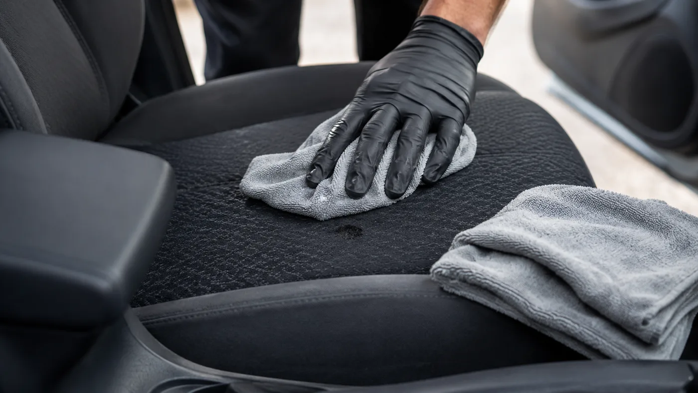Hand mit schwarzem Handschuh tupft einen Stoff-Autositz mit grauem Mikrofasertuch ab, zweites Tuch liegt daneben