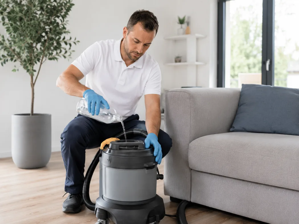 Chemische Polsterreiniger — Sprühflaschen mit Warnsymbolen, synthetische Duftstoffe und Lösungsmittel-haltige Mittel auf einem Regal