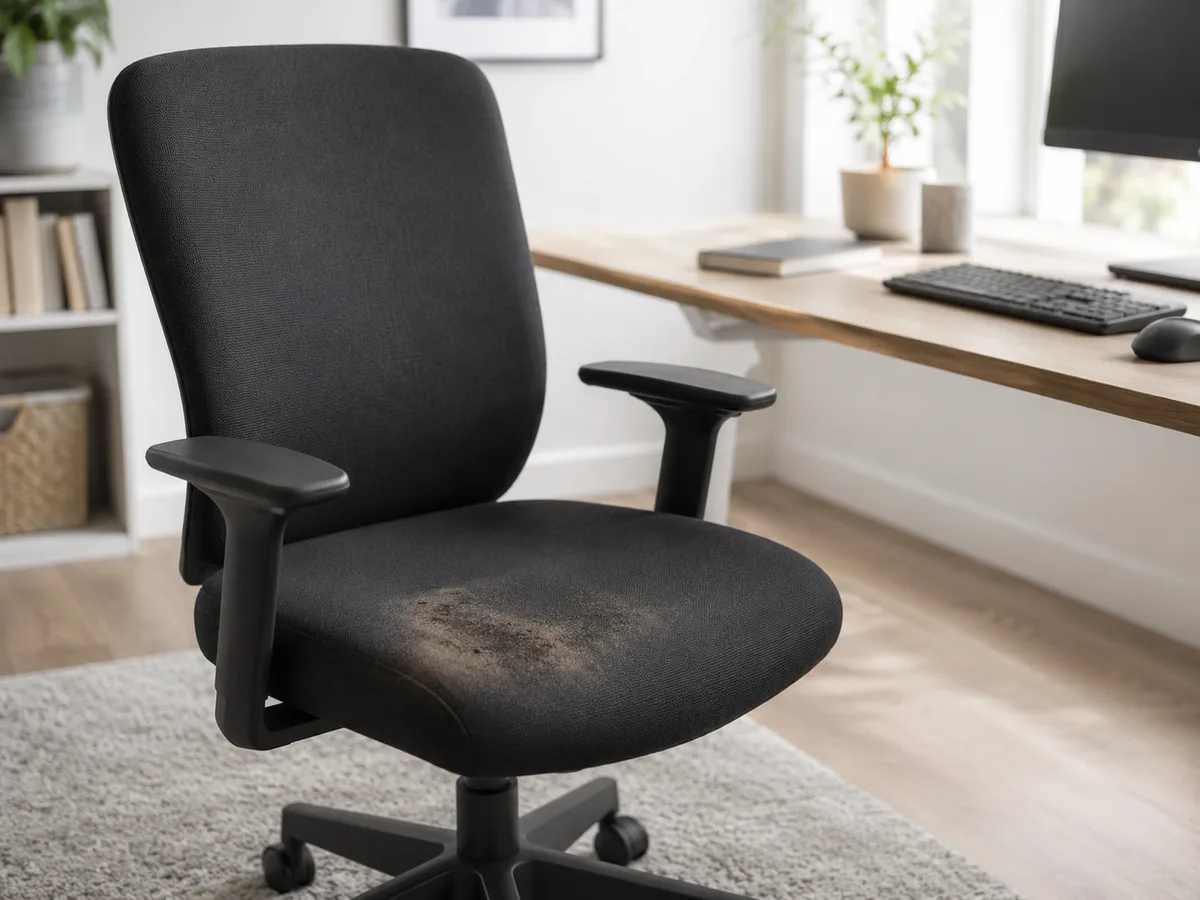 Schwarzer Bürostuhl mit sichtbar speckiger Sitzfläche im Homeoffice — typischer Vorher-Zustand nach Monaten täglicher Nutzung