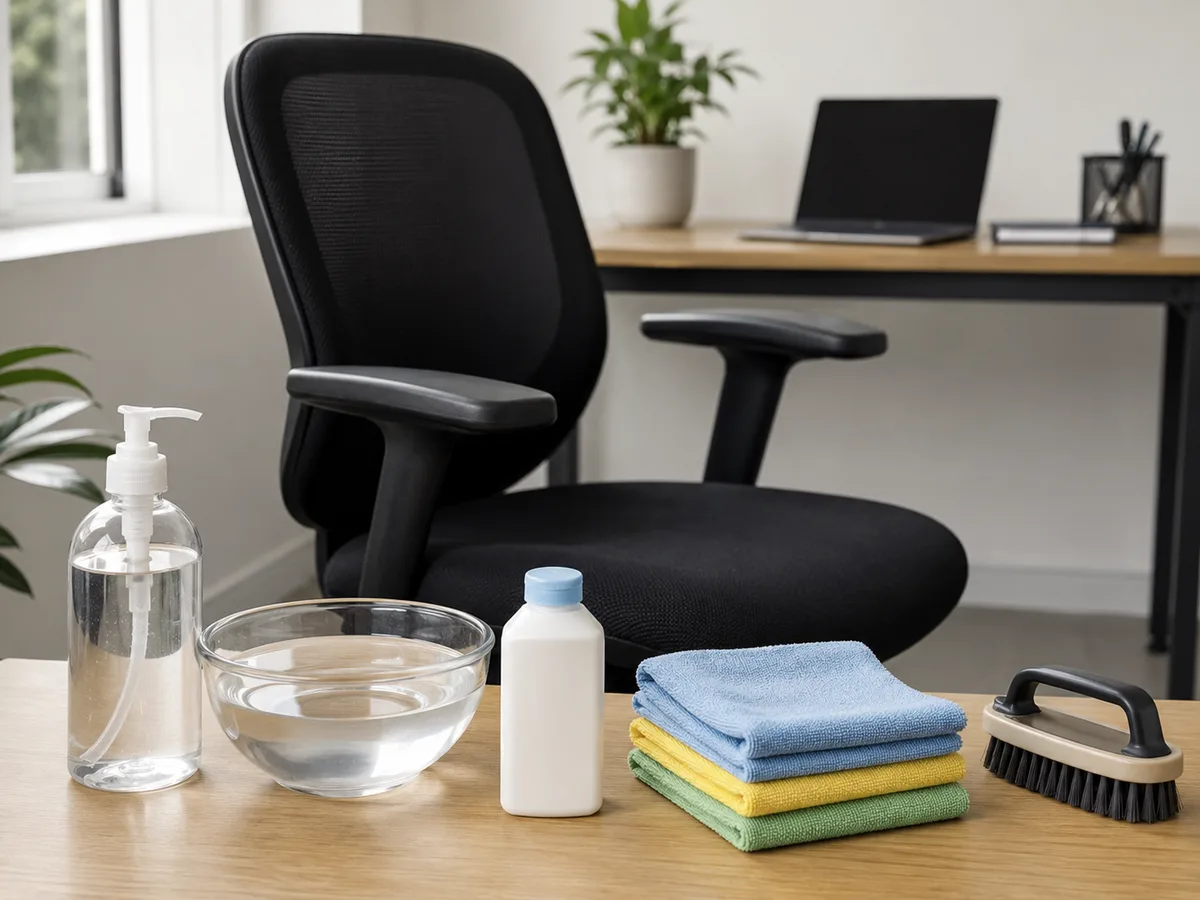 Werkzeug auf einem Schreibtisch neben dem Bürostuhl: Seifenflasche, Wasserschale, Mikrofasertücher, weiche Bürste