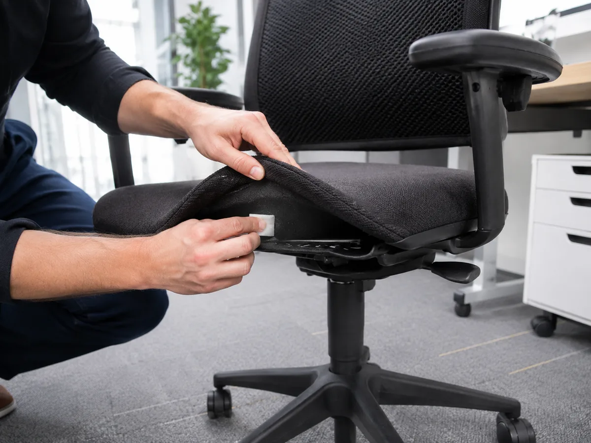 Hand löst den Sitzbezug eines Bürostuhls und zeigt die Klett-/Reißverschluss-Befestigung unter dem Sitz