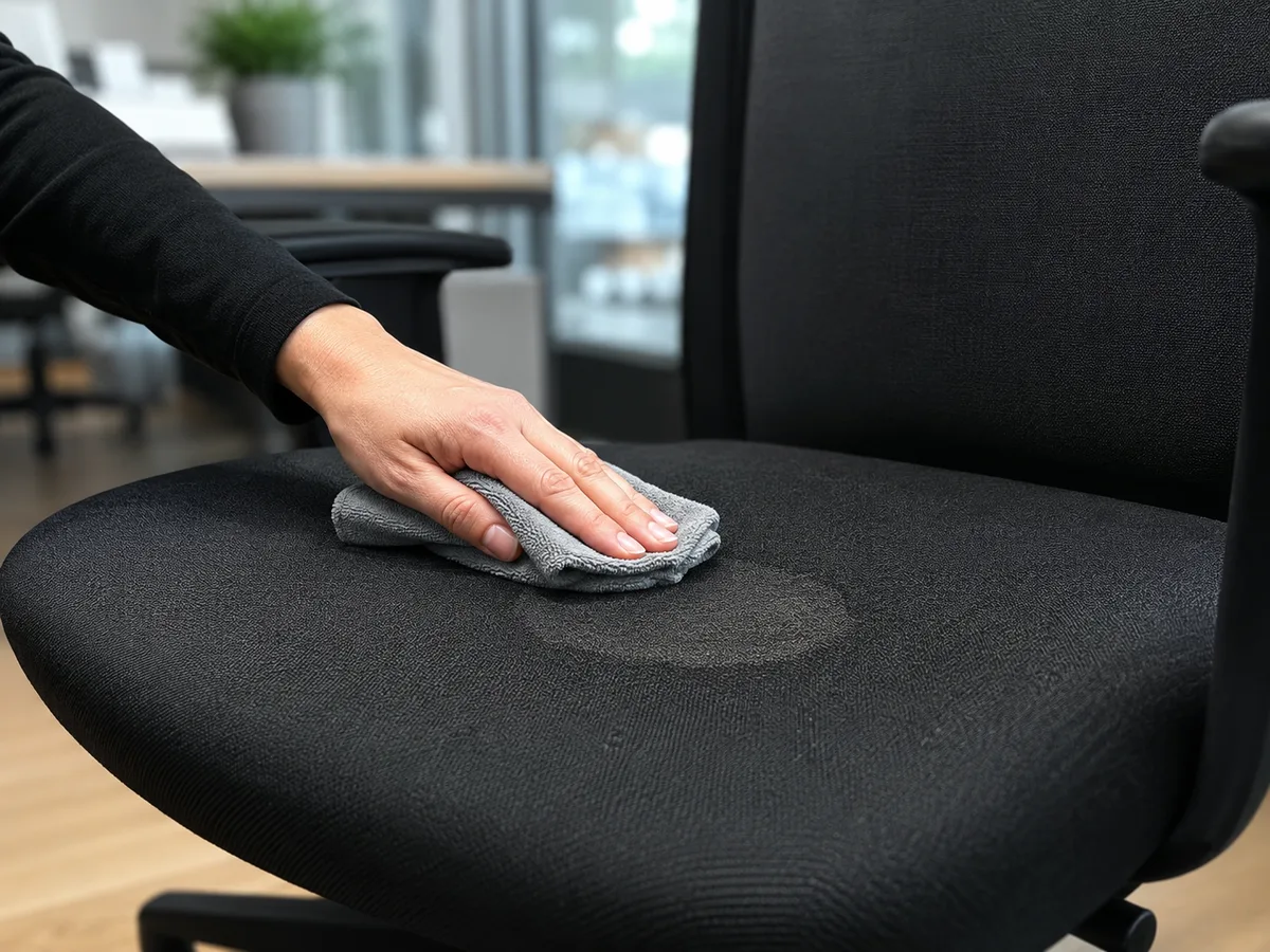 Hand tupft mit grauem Mikrofasertuch sanft auf einen schwarzen Bürostuhl-Sitz