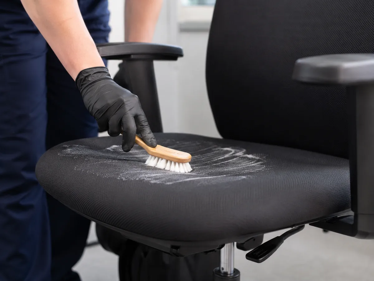 Hand mit schwarzem Handschuh arbeitet Gallseife mit weicher Bürste in die Sitzfläche eines schwarzen Bürostuhls