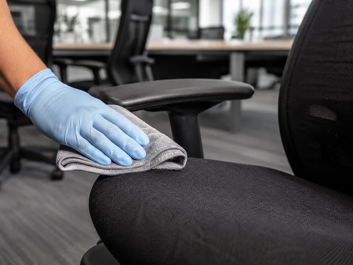 Hand mit blauem Einweg-Handschuh wischt die Armlehne eines Bürostuhls mit grauem Mikrofasertuch