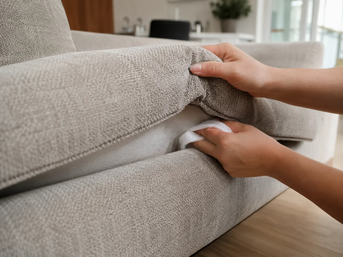 Hände heben den Bezug eines beigen Chenille-Sofas an und legen die innere Etikettenseite frei