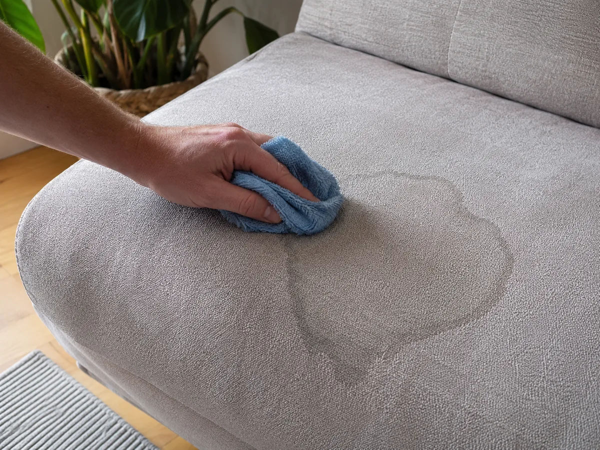 Hand mit blauem Mikrofasertuch über einem deutlich sichtbaren feuchten Wasserring auf hellem Chenille-Sofa