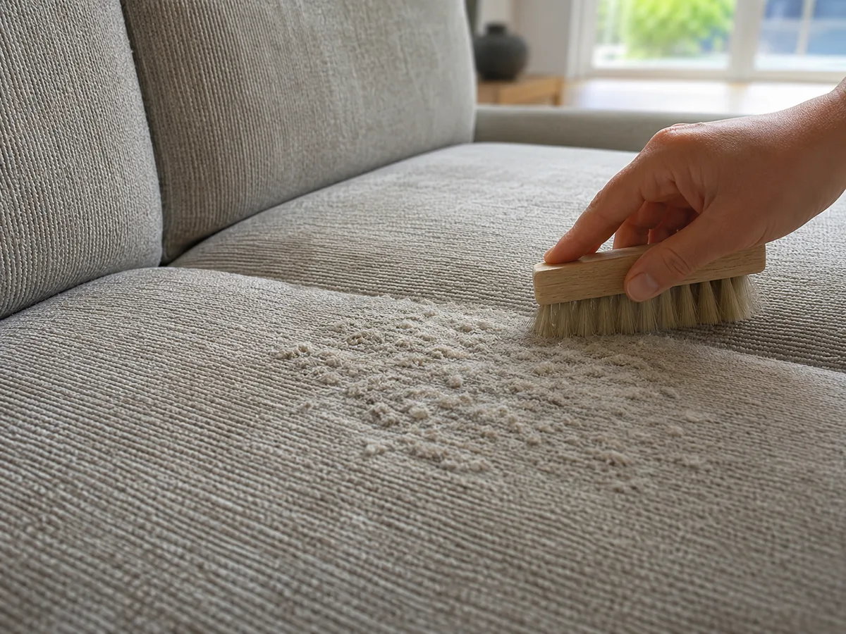 Hand mit Naturborsten-Bürste arbeitet weißes Natron-Pulver in die Sitzfläche eines beigen Chenille-Sofas ein