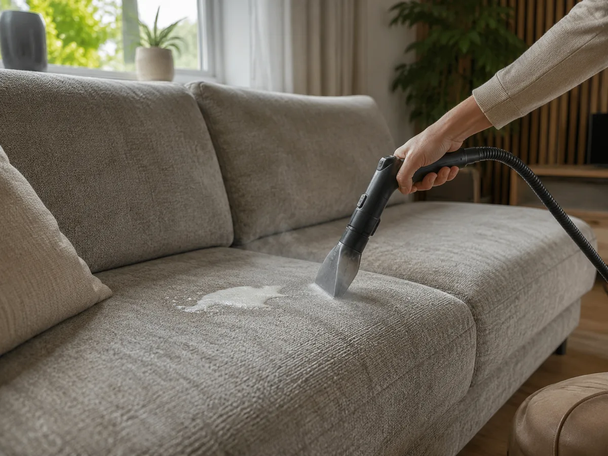 Hand führt eine Reinigungsdüse über das Sitzkissen eines beigen Chenille-Sofas — sichtbarer feiner Sprühnebel