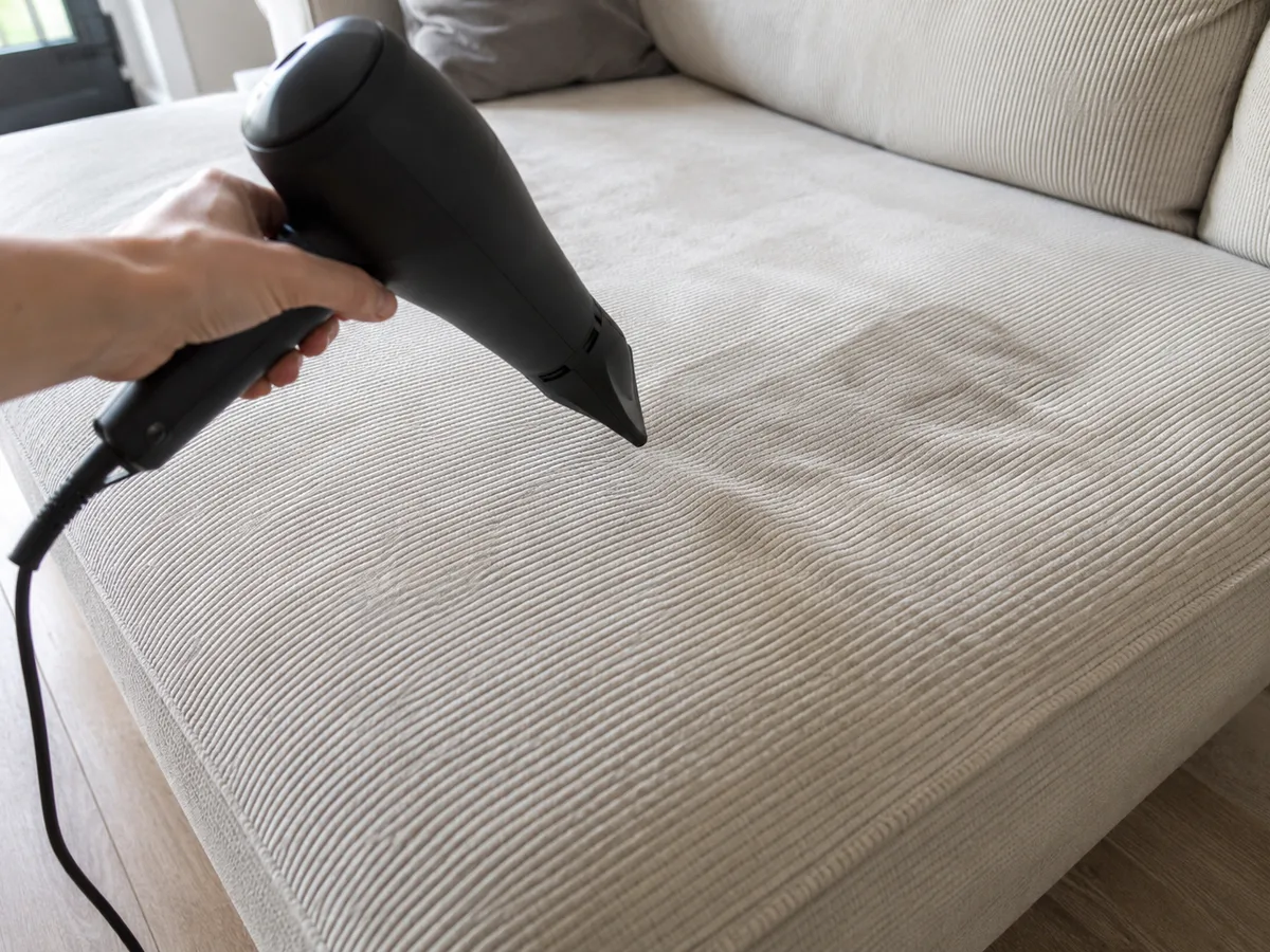 Hand hält einen schwarzen Föhn dicht über die Sitzfläche eines hellen Chenille-Sofas, um die feuchte Stelle schnell zu trocknen