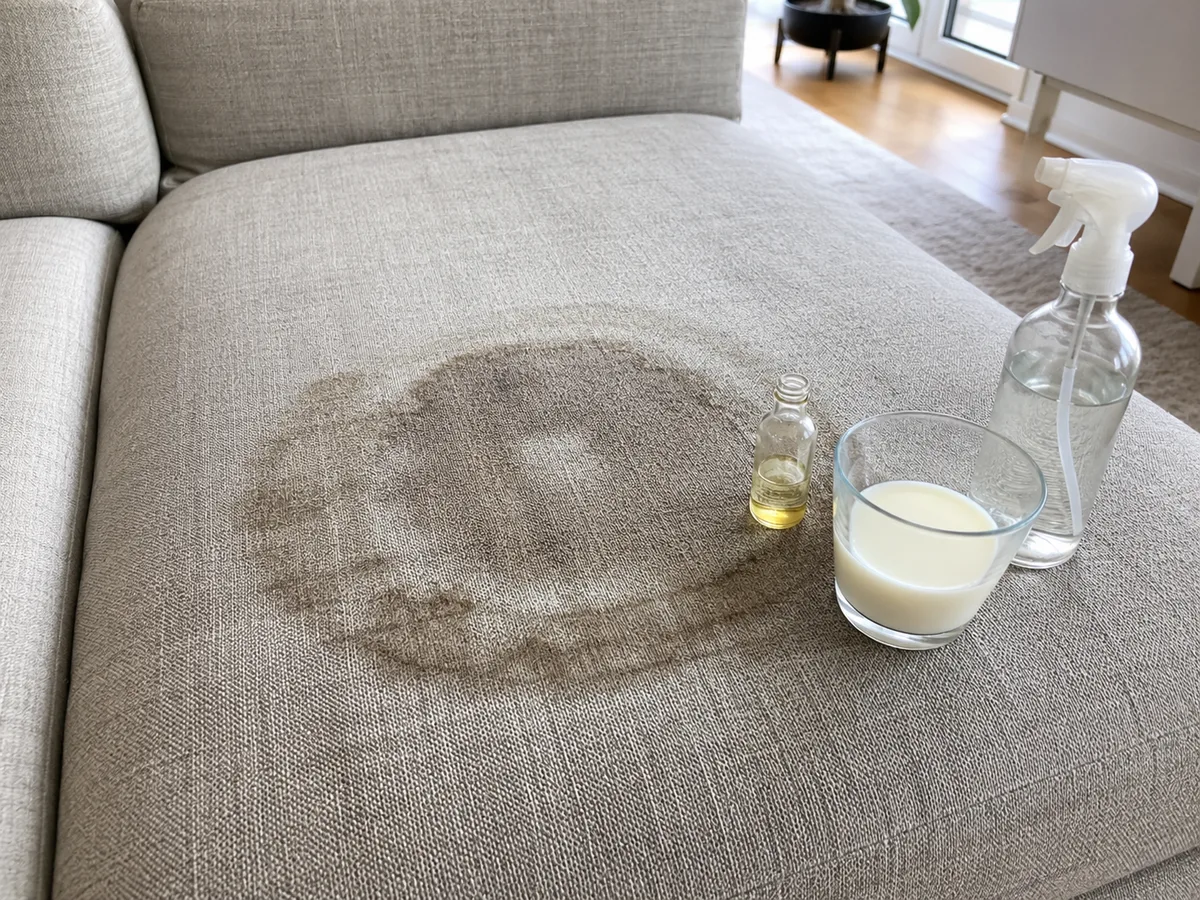 Helles Chenille-Sofa mit großem feuchtem Ring, daneben Olivenölflasche, Milchglas und Sprühflasche — typischer Hausmittel-Fehler