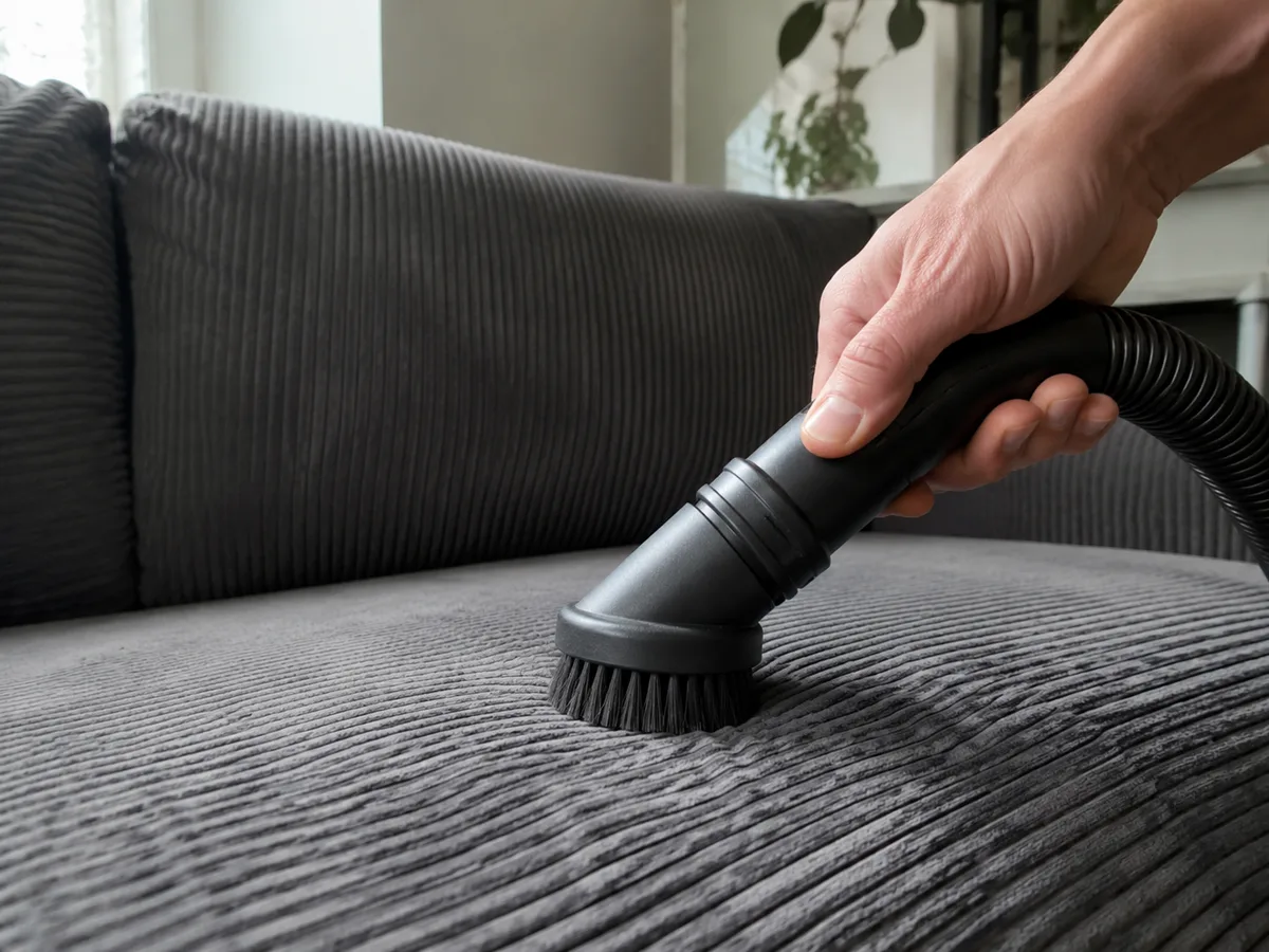 Hand führt eine schwarze Staubsauger-Bürstendüse in Längsrichtung über die Rillen eines dunkelgrauen Cordsofas