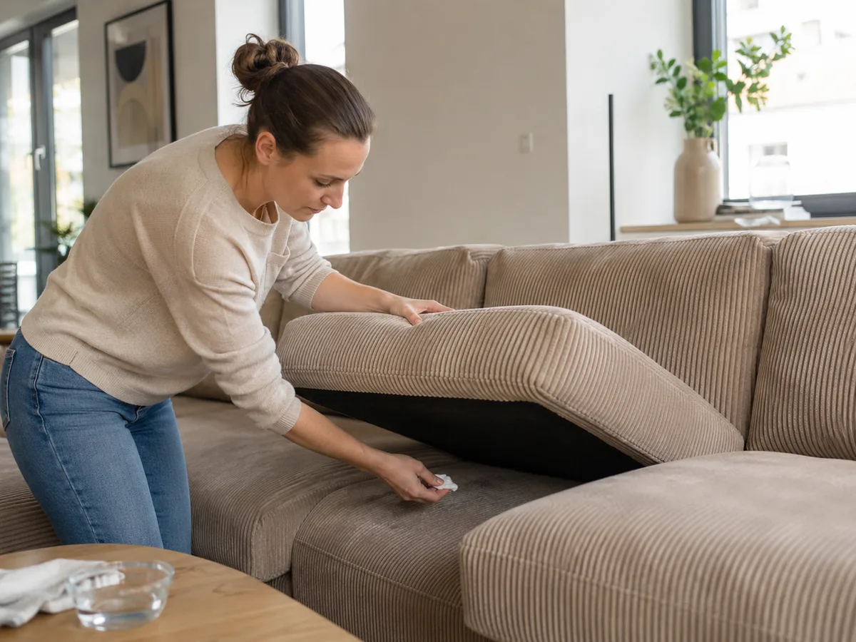 Frau hebt das Sitzkissen eines beigen Cordsofas an und tupft mit weißem Tuch an der versteckten Innenfläche