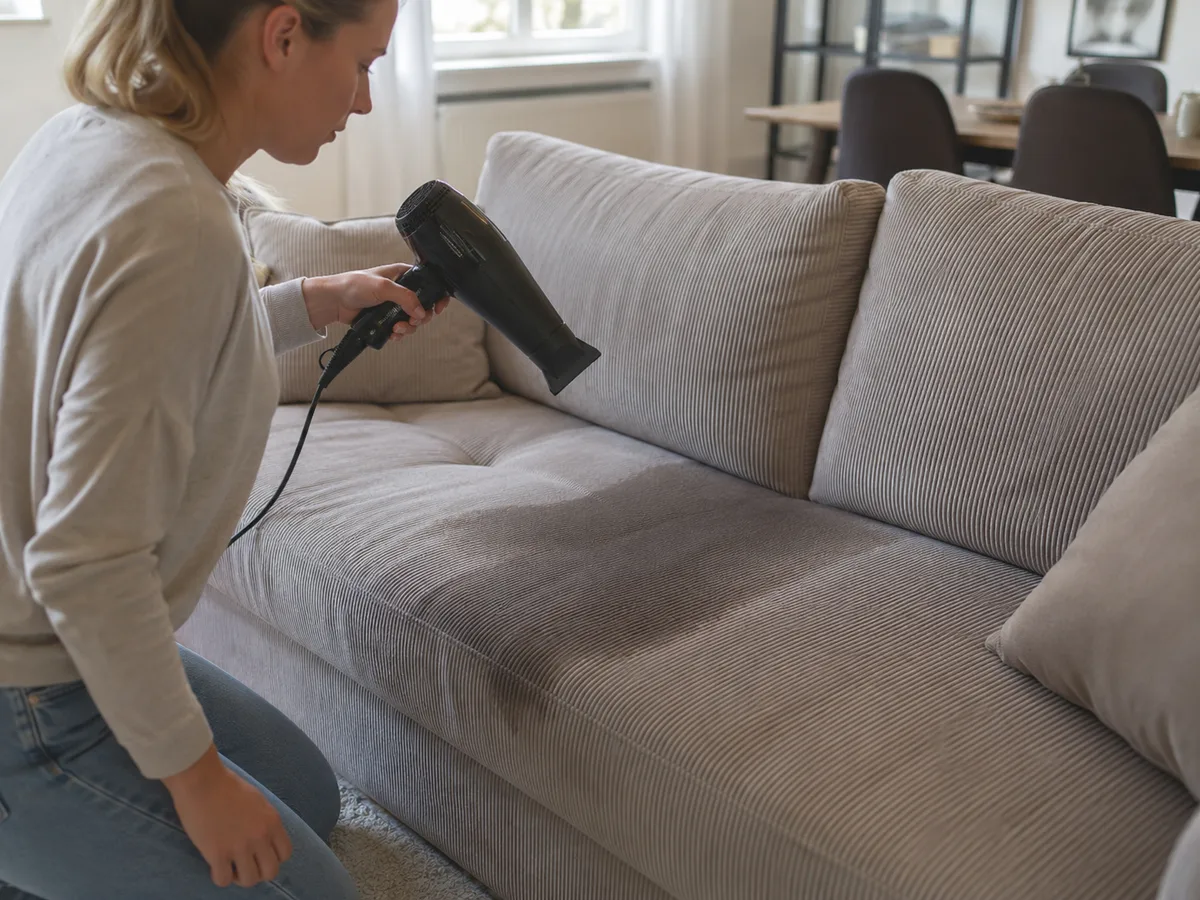 Frau hält einen schwarzen Föhn dicht über die Sitzfläche eines beigen Cordsofas, um einen feuchten Bereich schneller zu trocknen