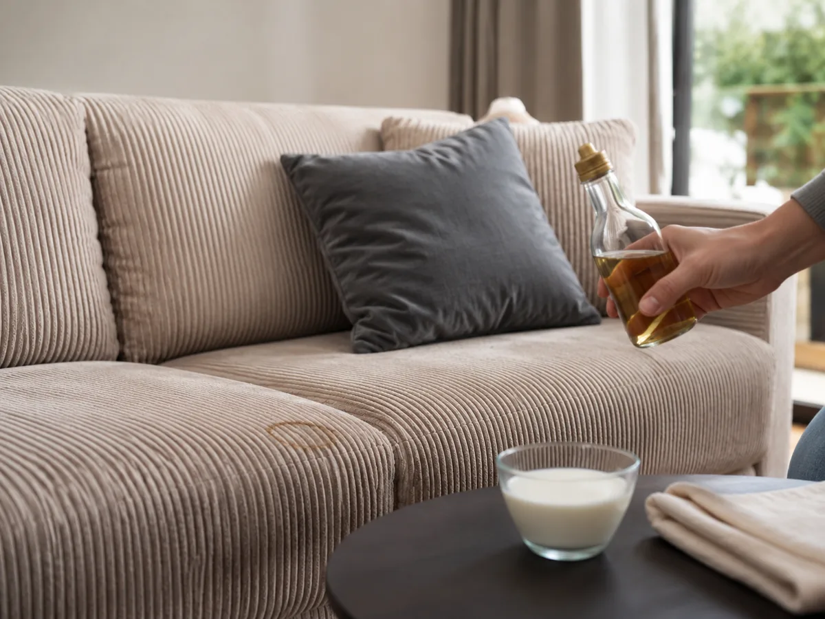 Hand hält Olivenölflasche neben beigem Cordsofa, auf dem Couchtisch ein Glas Milch und gefaltete Tücher