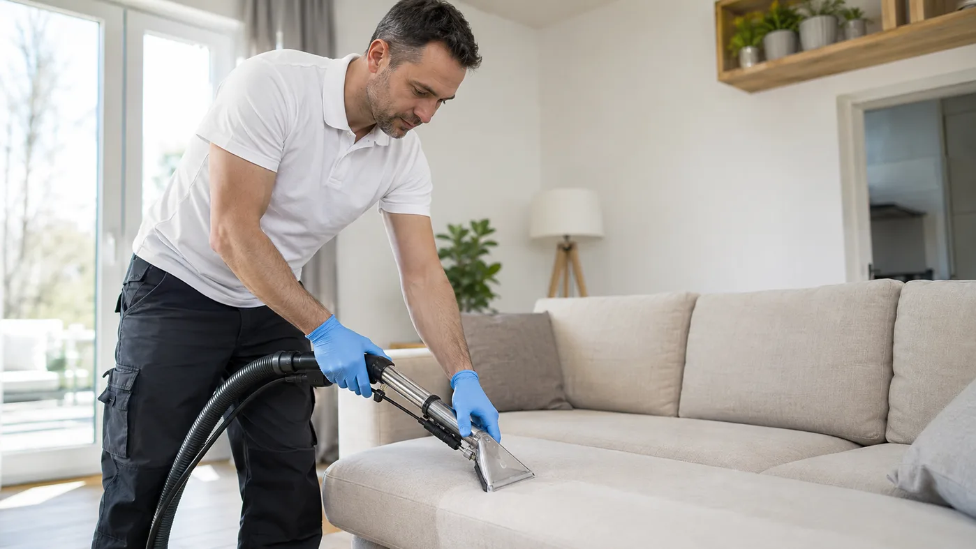 Sofa desinfizieren — hygienische Polsterreinigung mit pflanzlichen Tensiden und warmem Wasser im Wohnzimmer