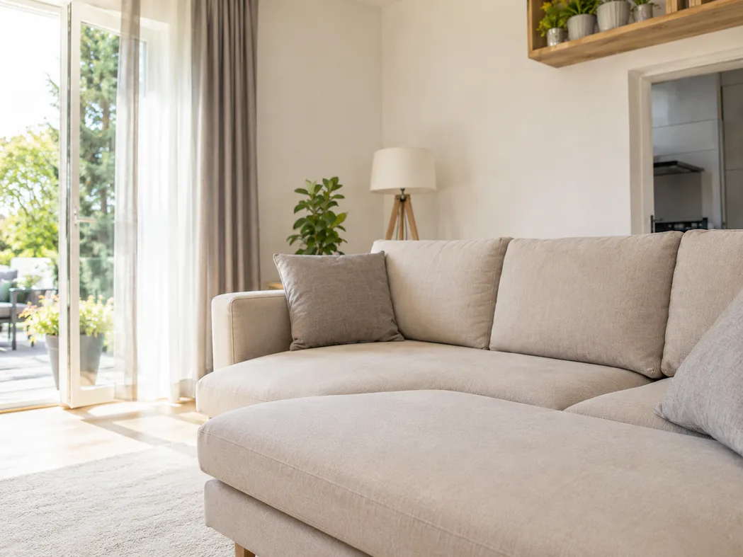 Sauberes hygienisch aufbereitetes Sofa im Wohnzimmer — Familie nutzt das gereinigte Polster bedenkenlos, frische Atmosphäre nach schonender Reinigung