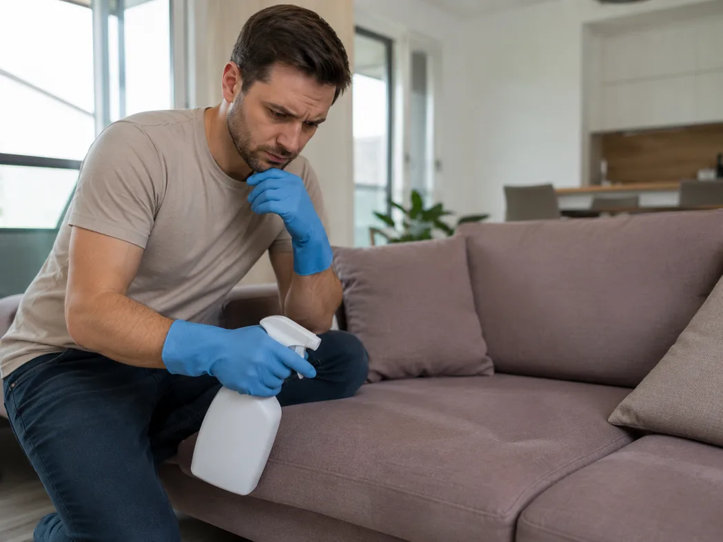 Professionelle Polsterreinigung als hygienische Tiefenreinigung — warmes Wasser mit pflanzlichen Tensiden wird ins Sofa eingearbeitet