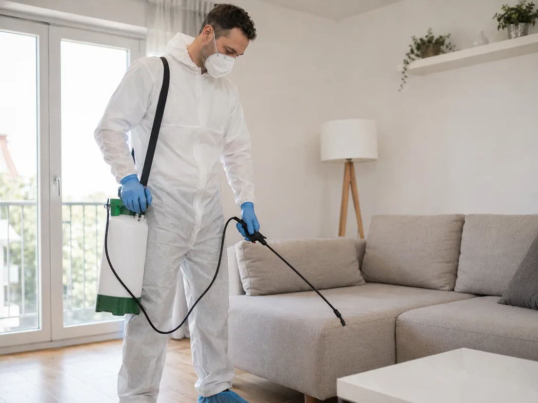 Gebraucht gekauftes Sofa wird hygienisch aufbereitet — Polsterreiniger arbeitet altes Sofa mit pflanzlichen Mitteln auf, bevor es genutzt wird