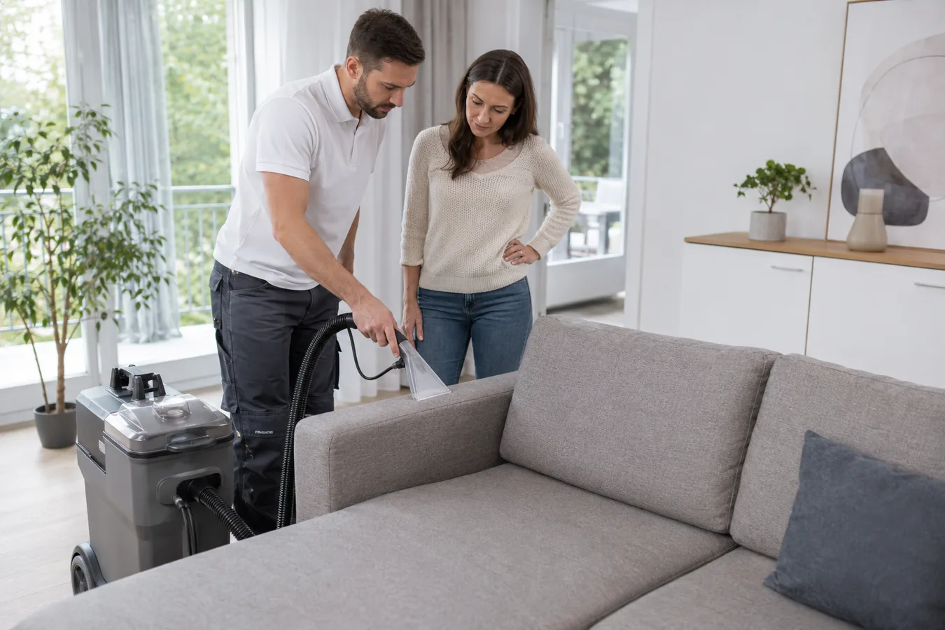 Polsterreinigungs-Techniker erklärt einer Kundin in hellem Wohnzimmer den Reinigungsablauf an einem grauen Stoffsofa