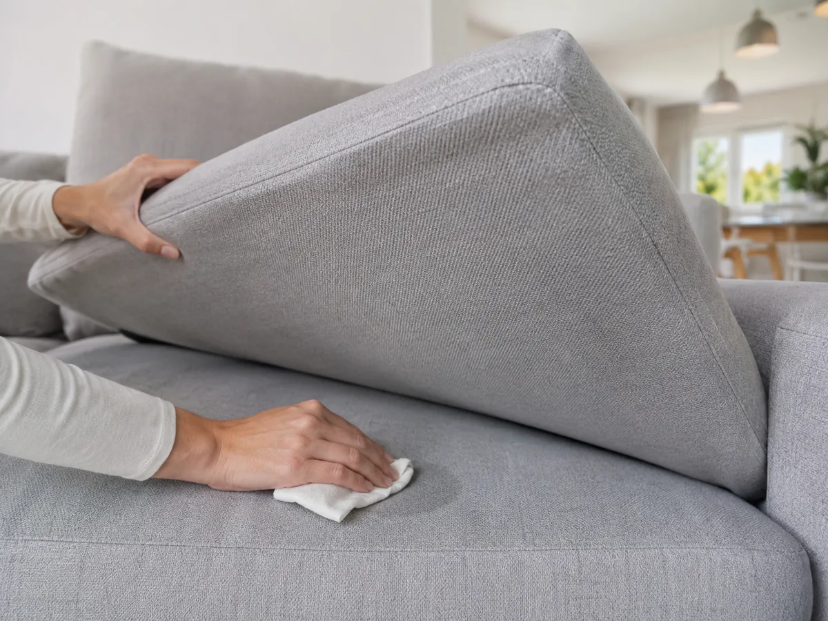 Hände heben ein graues Sitzkissen vom Sofa und wischen die darunter liegende Fläche mit weißem Tuch ab