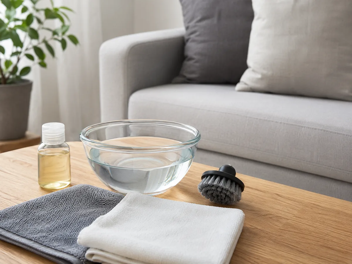 Werkzeug für DIY-Polsterreinigung auf einem Holztisch: Schale mit Wasser, Flasche mit Spülmittel, zwei Mikrofasertücher und eine kleine Bürste vor grauem Sofa