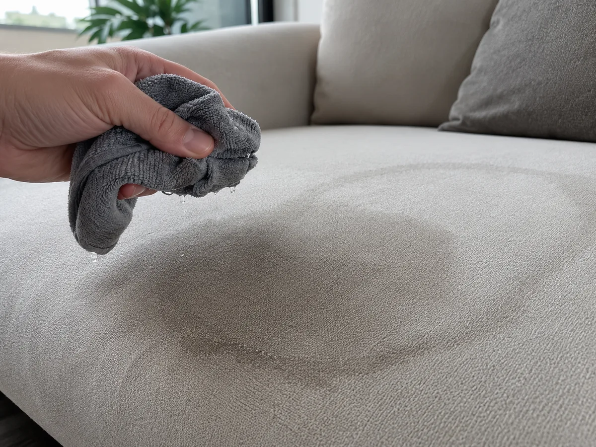 Hand mit grauem Mikrofasertuch über einer hellen Stoff-Sitzfläche, auf der ein deutlich sichtbarer dunkler Wasserring entstanden ist