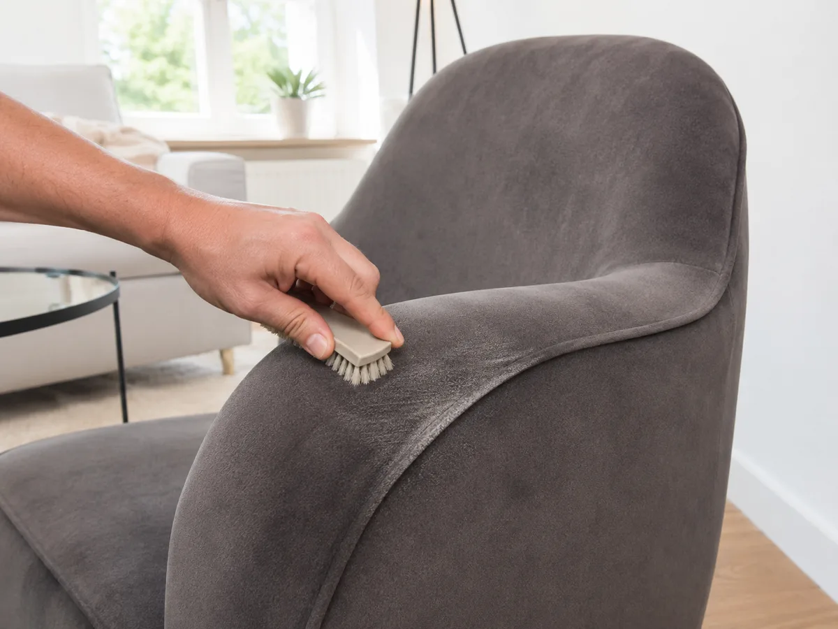 Hand mit Naturborsten-Bürste arbeitet sanft den Flor eines grauen Velours-Sessels in Faserrichtung auf
