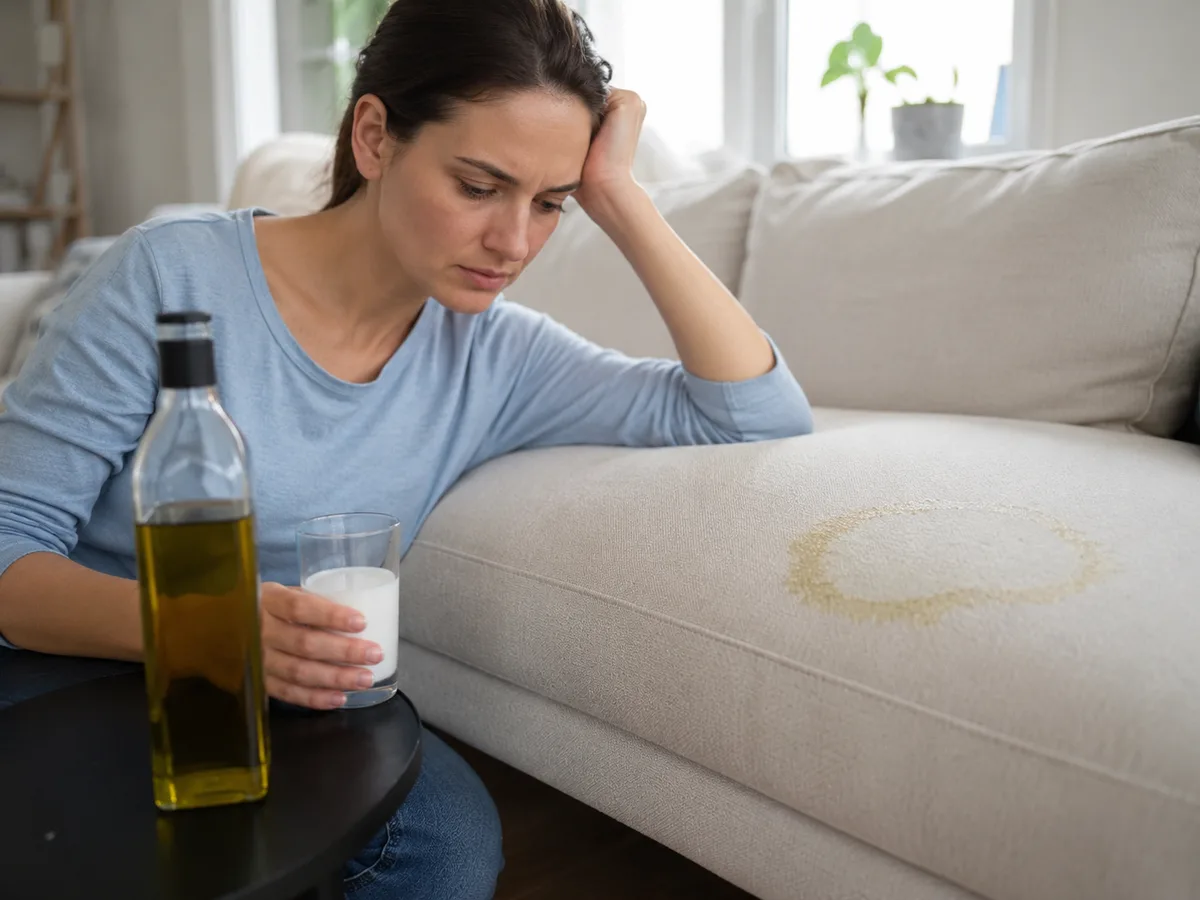 Frau sitzt enttäuscht neben hellem Sofa mit gelblichem Fleck, daneben eine Flasche Olivenöl und ein Glas Milch — typischer Hausmittel-Fehler