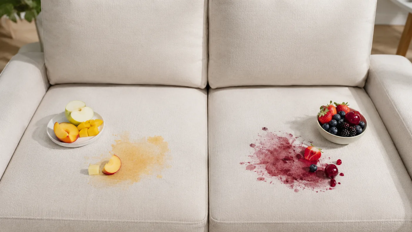 Zwei Sofa-Sitzflächen im Vergleich: links ein heller Apfel-/Pfirsich-Fleck, rechts ein dunkler Erdbeer-/Beeren-Fleck