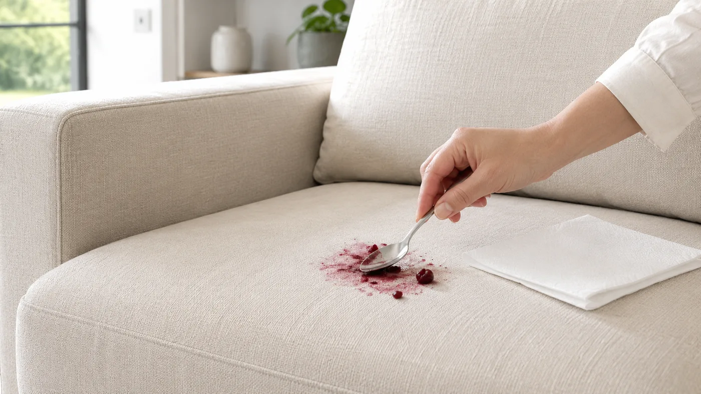 Hand schabt Reste eines Beerenflecks mit einem Löffel vorsichtig vom Sofa-Polster ab