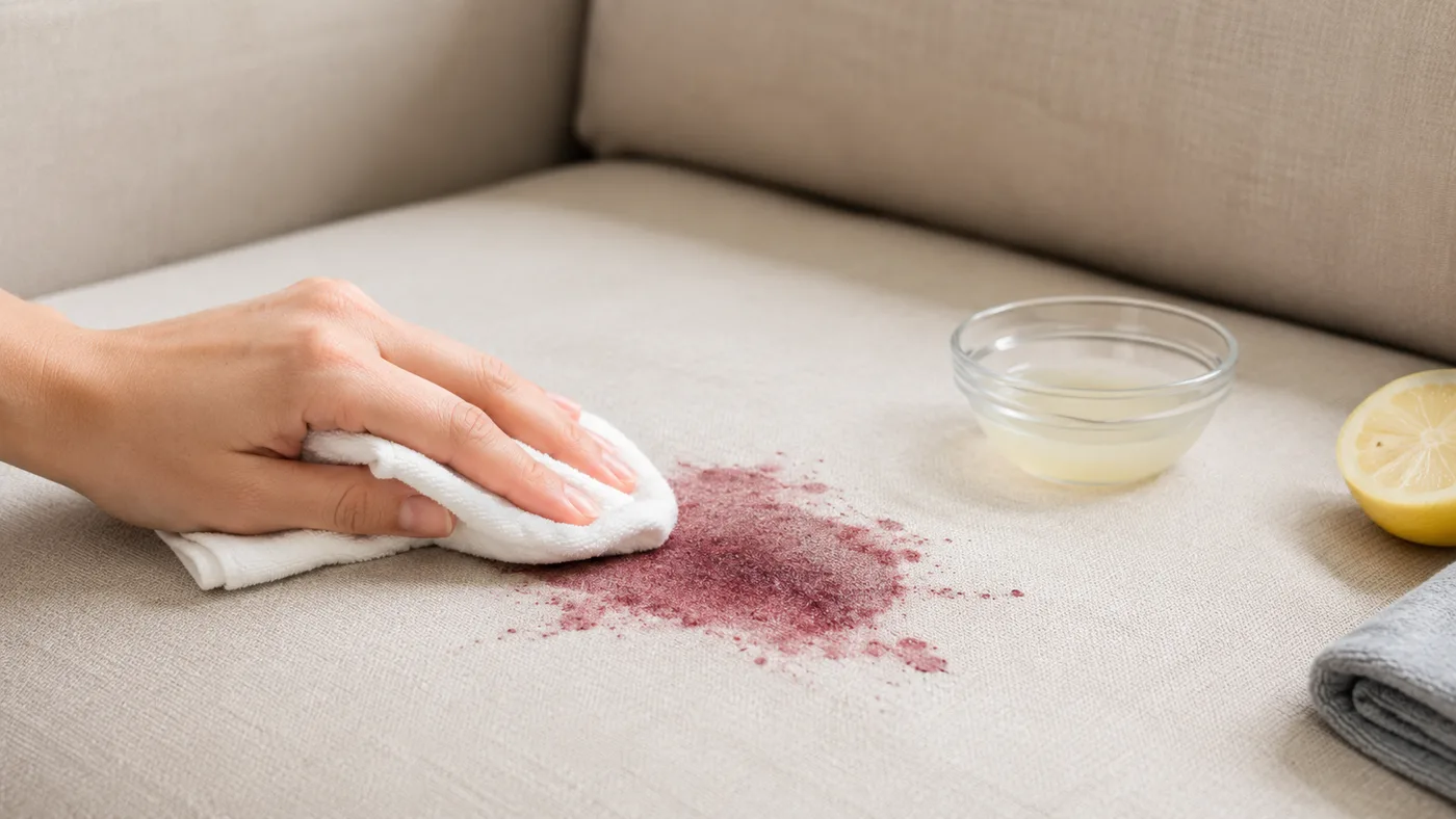 Hand tupft mit weißem Tuch auf einen Beerenfleck, daneben eine kleine Schale mit Zitronenwasser und eine halbe Zitrone
