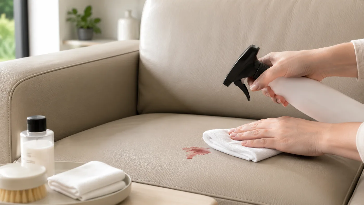 Hand sprüht mit Sprühflasche klares Wasser auf eine vorbehandelte Stelle und tupft mit weißem Tuch nach