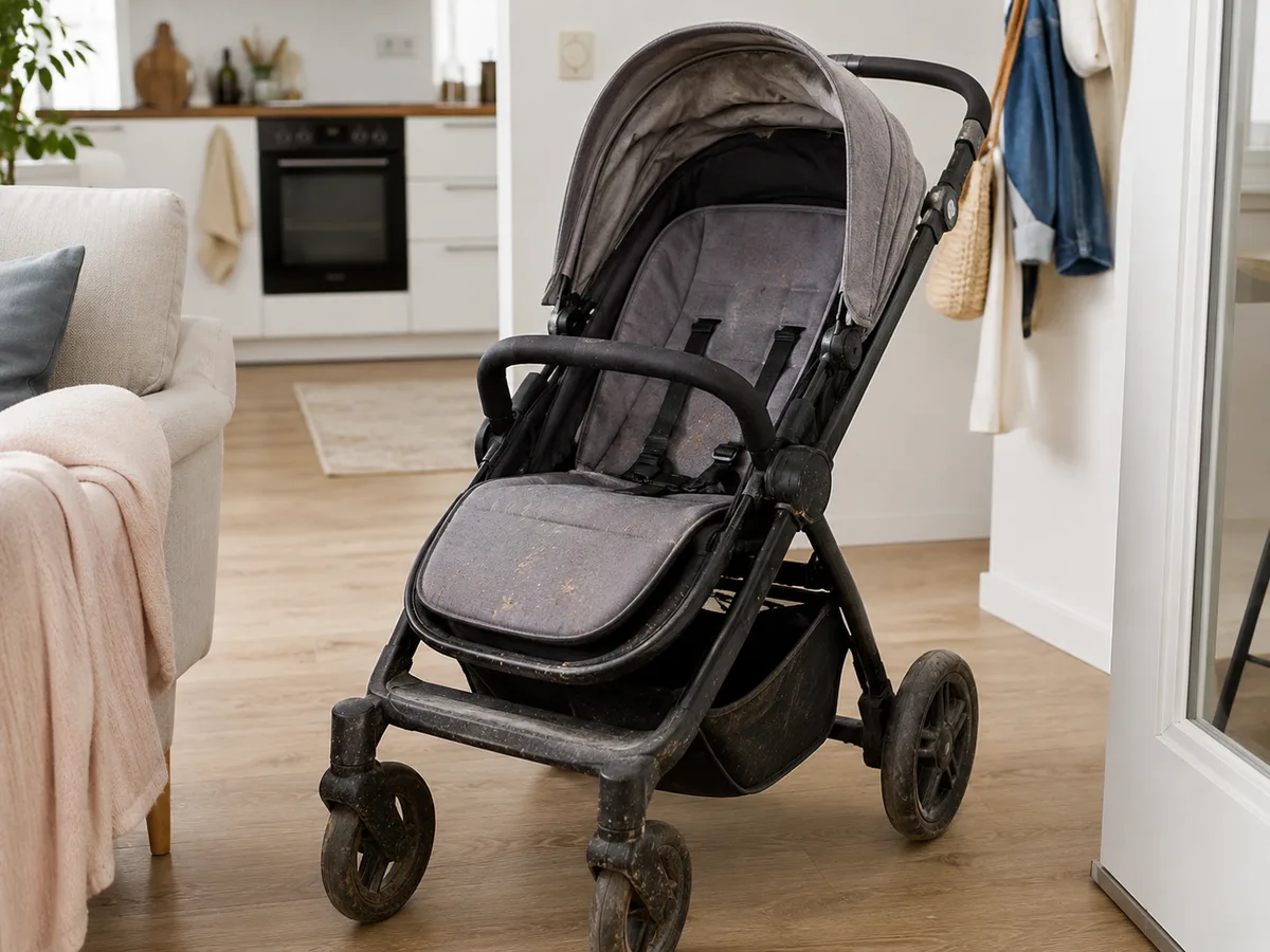 Grauer Kinderwagen mit sichtbaren Verschmutzungen und Krümeln auf dem Sitzpolster — typischer Zustand nach Monaten Nutzung