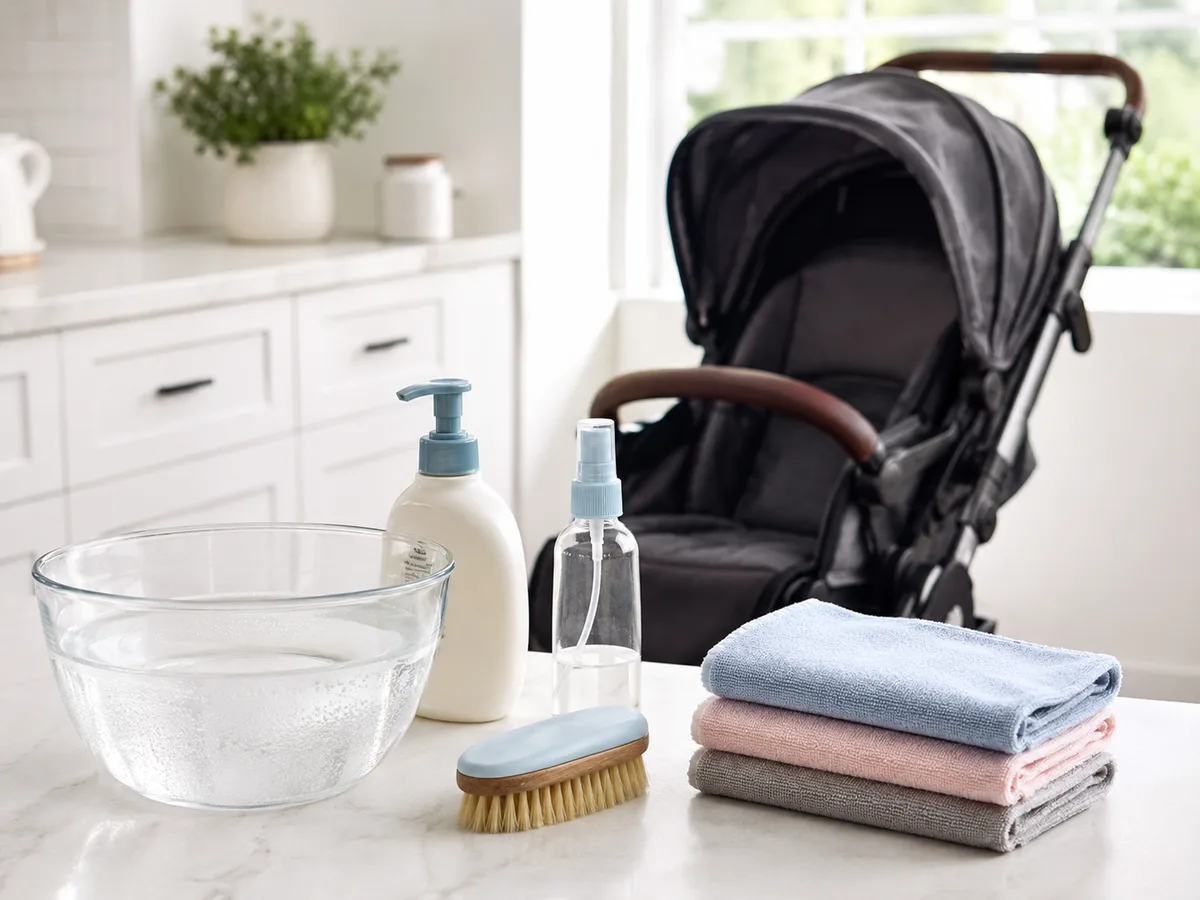 Werkzeug für die Kinderwagen-Reinigung: Wasserschale, Babyseife, Sprühflasche, weiche Bürste und Mikrofasertücher
