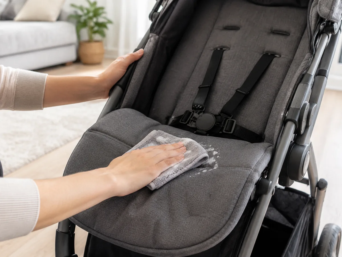 Hand wischt mit grauem Tuch leicht aufgeschäumtes Spülmittel-Wasser von der Sitzfläche eines Kinderwagens ab