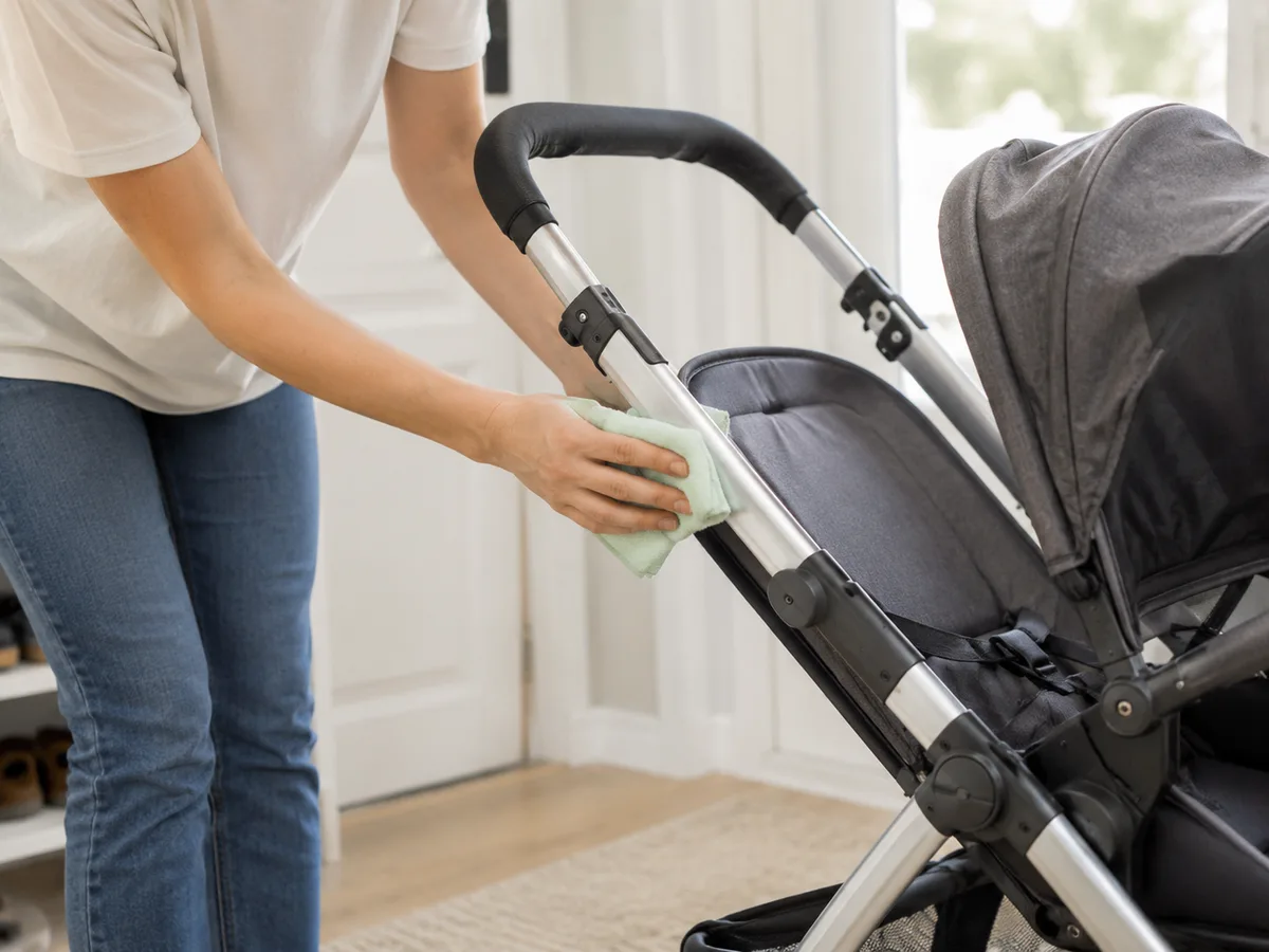 Frau wischt den Schiebegriff eines Kinderwagens mit einem grünen Mikrofasertuch ab