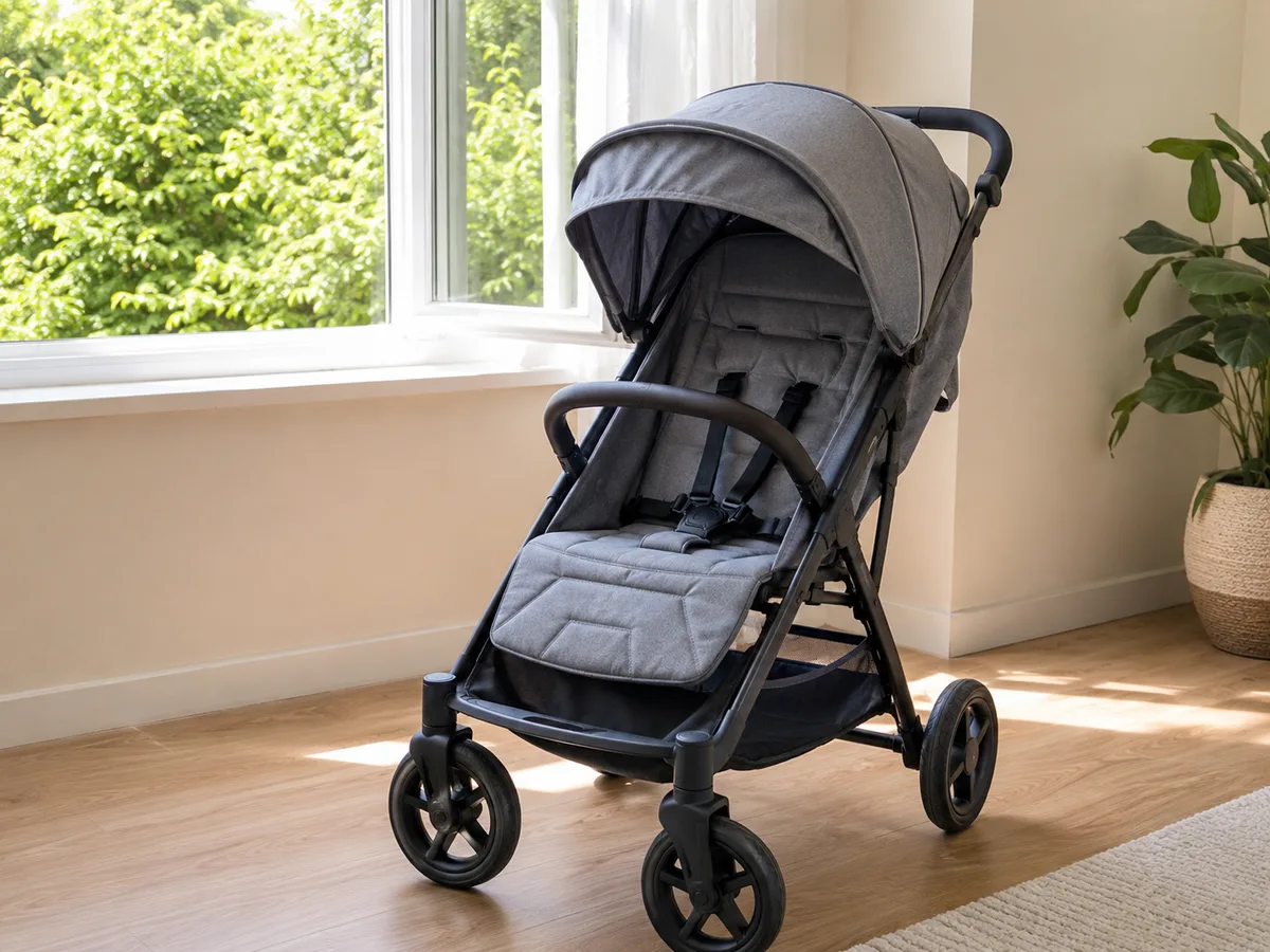 Sauberer grauer Kinderwagen am Fenster nach der Reinigung — Sitzpolster frei von Krümeln und Flecken