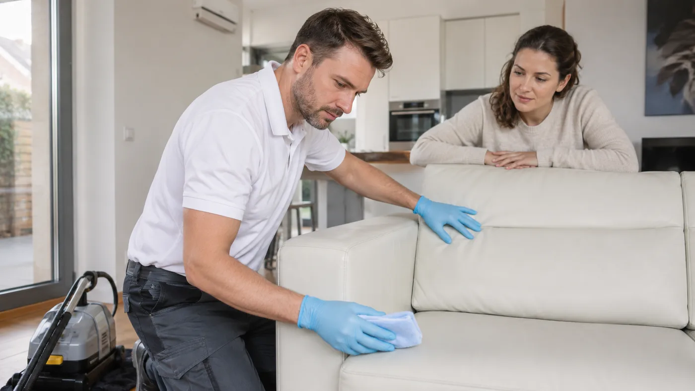 Mann in weißem Polo-Shirt mit blauen Handschuhen reinigt professionell ein helles Kunstleder-Sofa, Kundin schaut zu, mobiles Reinigungsgerät im Vordergrund
